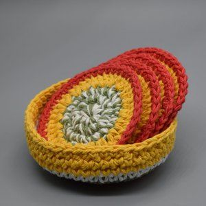 Handcrafted Crochet Coasters Set of four with Matching Basket